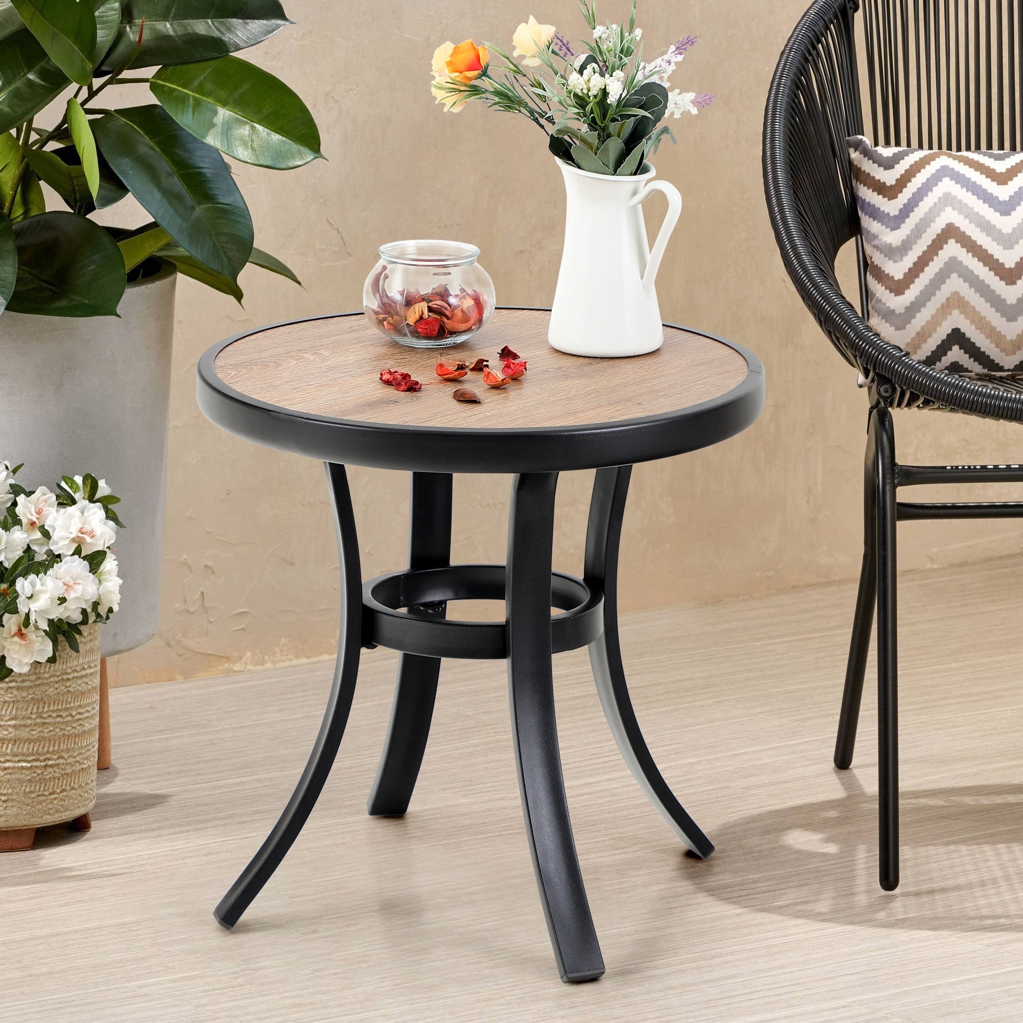 19" Small Round Side Table, Outdoor Dining Coffee Table with Steel Frame and Wooden Like Surface