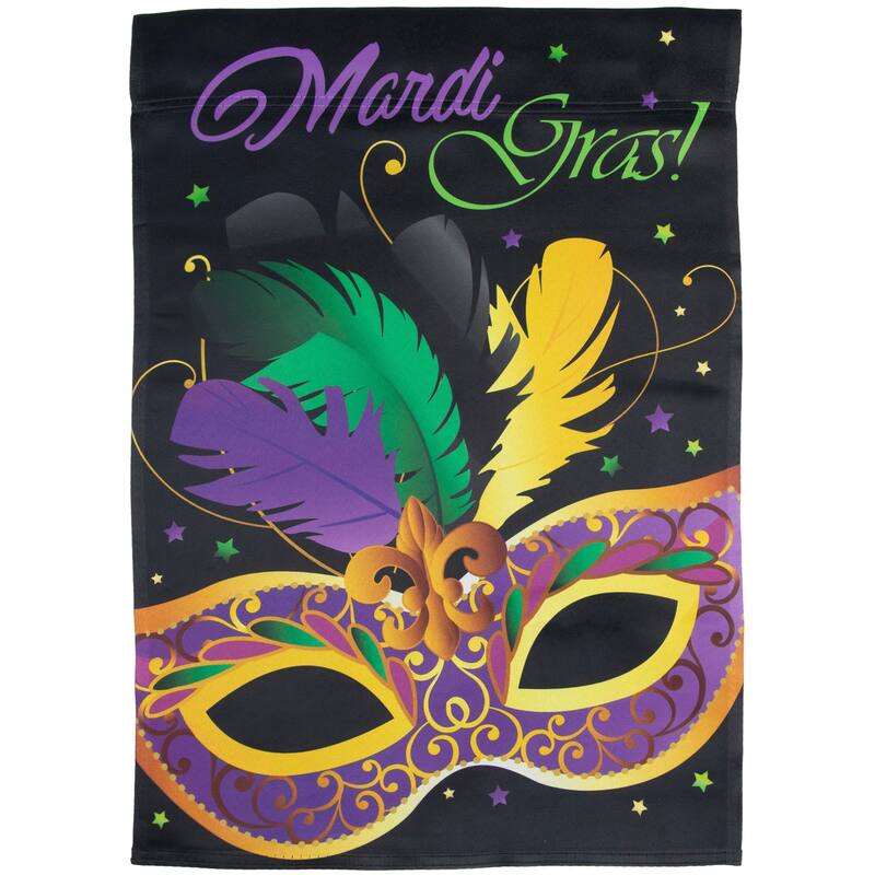 Feathered Mask "Mardi Gras!" Outdoor Garden Flag 18" x 12.5" Black Purple