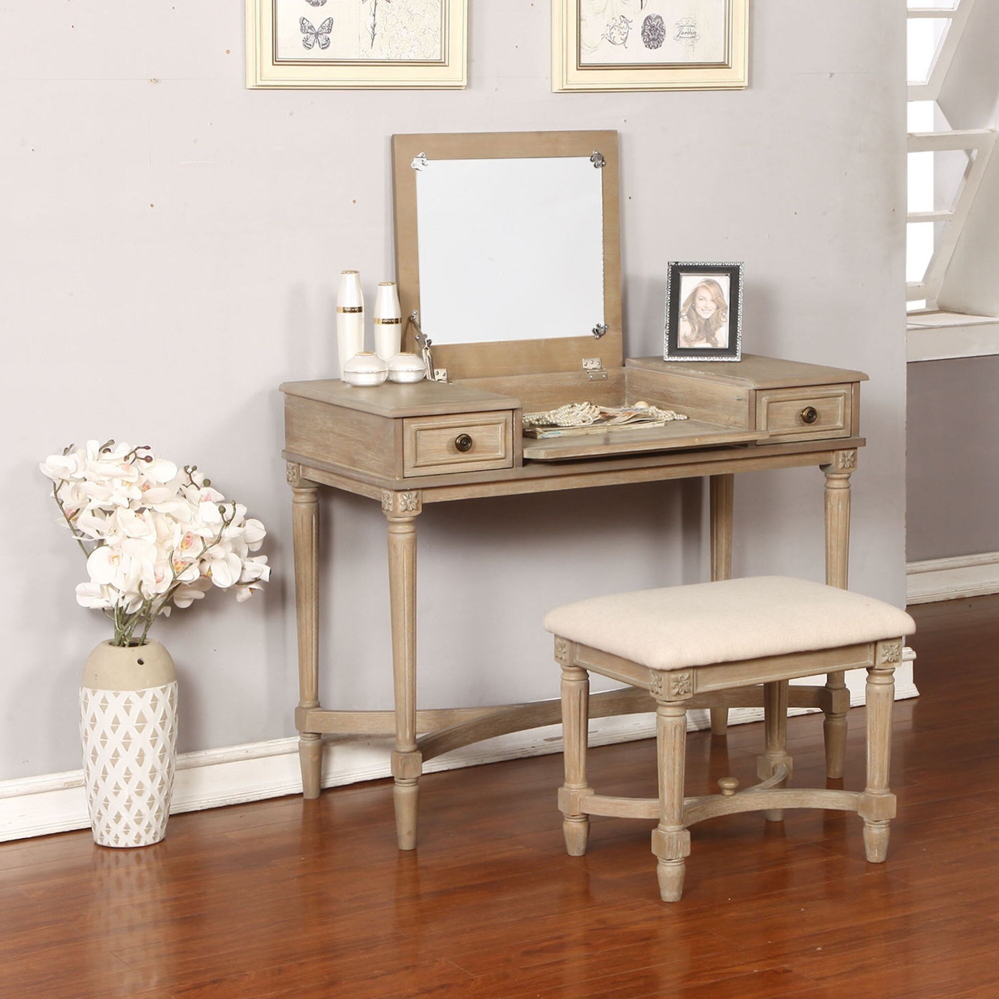 38" Gray Vanity Set with Mirror & Stool - Elegant Design