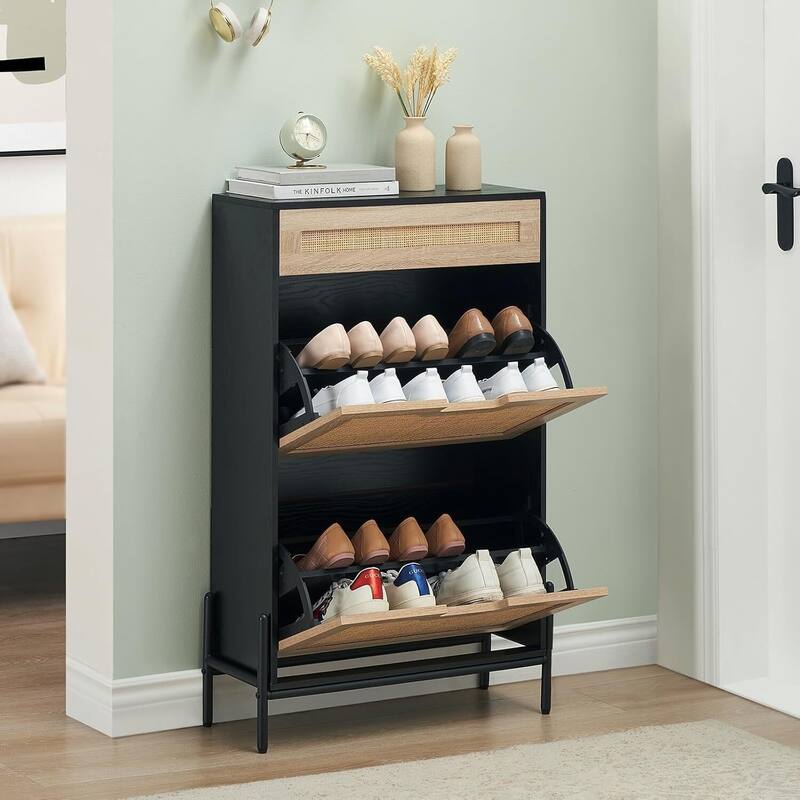 3-Tier Slim Rattan Shoe Storage Cabinet for Entryway Hallway Porch