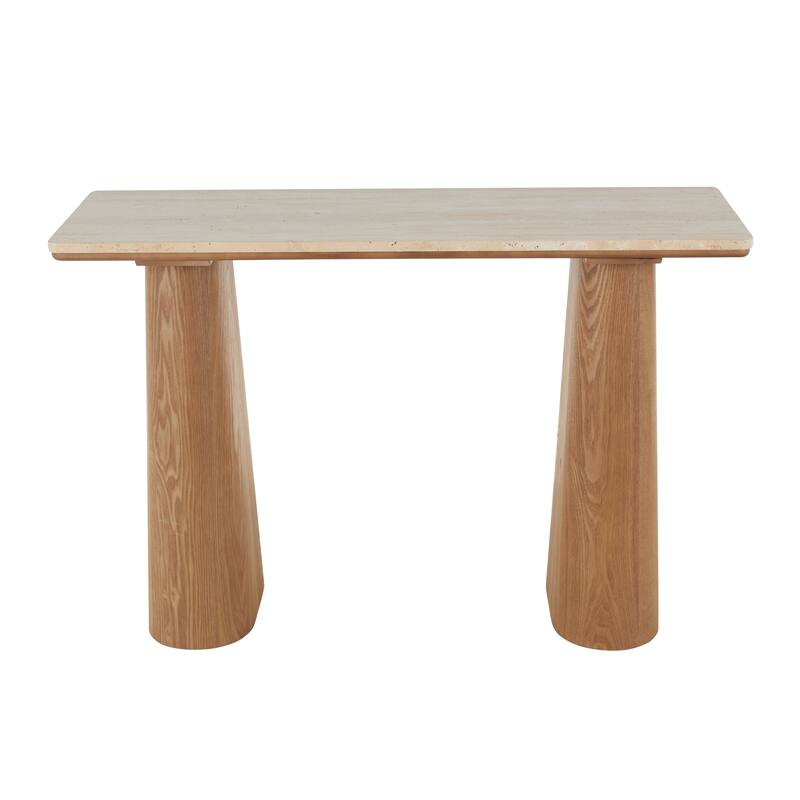 Wood Rectangular Console Table with Rectangle Beige Marble Tabletop - Brown - Roche River Decor - 15"W x 47"L x 32"H