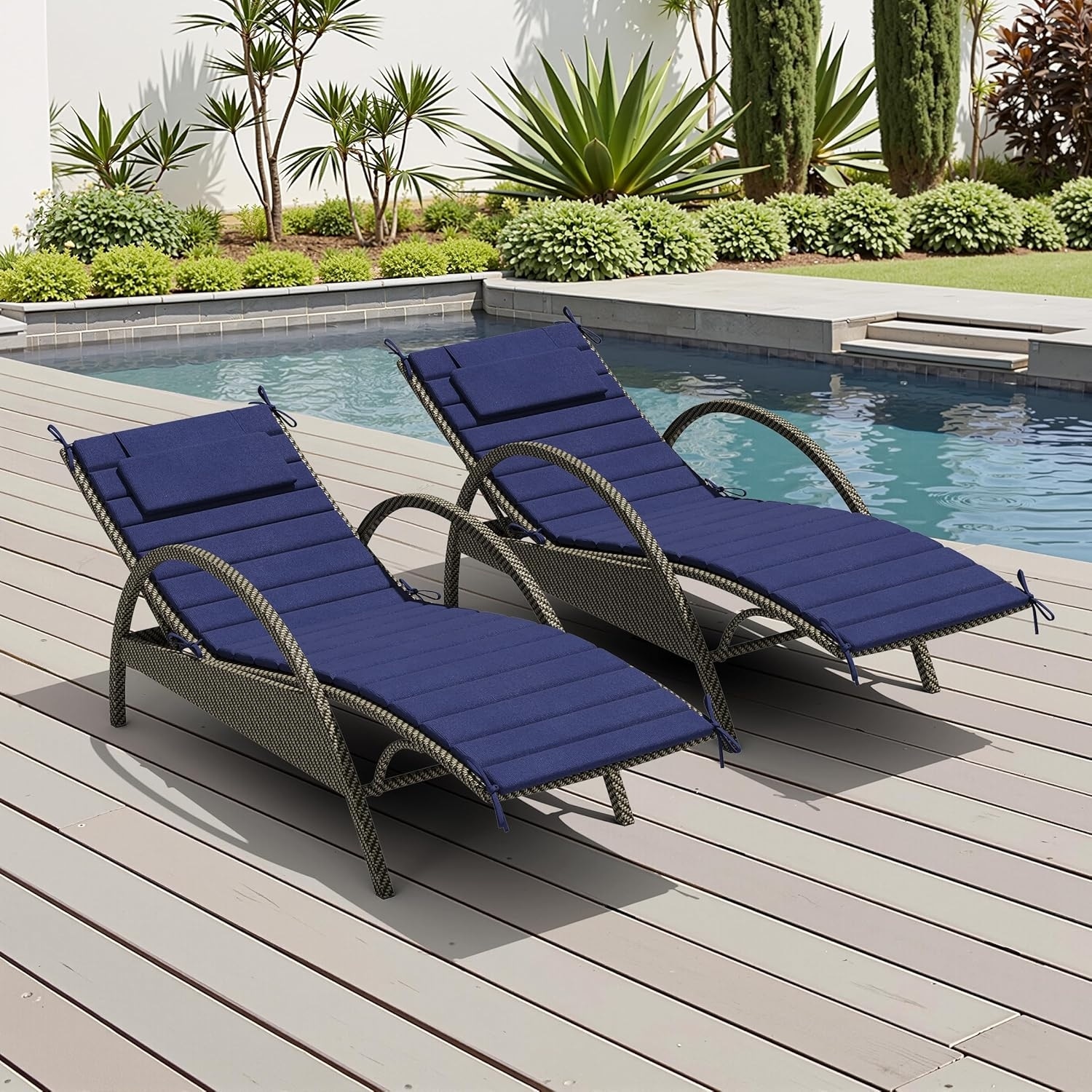Set of 2 Foldable Waterproof Outdoor Lounge Chair Cushions with Straps, 80''Lx26''W, Navy