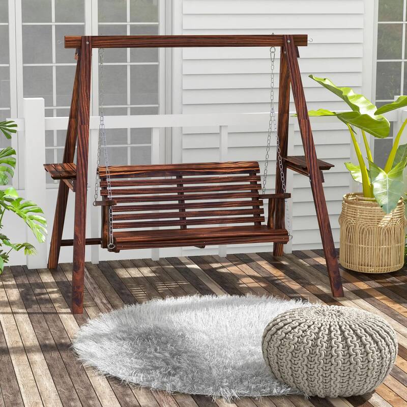2-Seat Wooden Porch Swing, Stand, Side Tables, Metal Chains, Outdoor