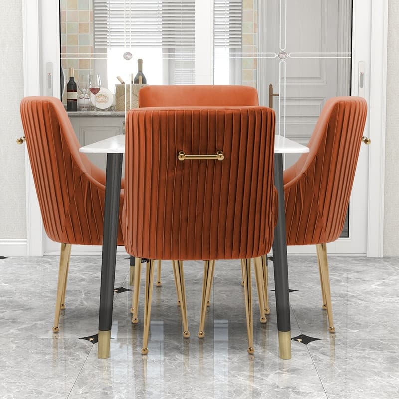 SEYNAR Modern Glam Boucle Pleated Velvet Dining Chair or Vanity Chair Set of 4 with Rear Handle - Orange