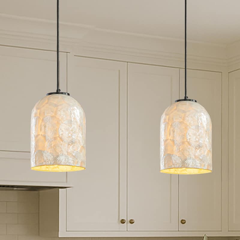 1-Light 7'' Modern Farmhouse Natural Capiz Seashell Single Pendant Light Coastal Cylinder Hanging Light For Kitchen - W7''