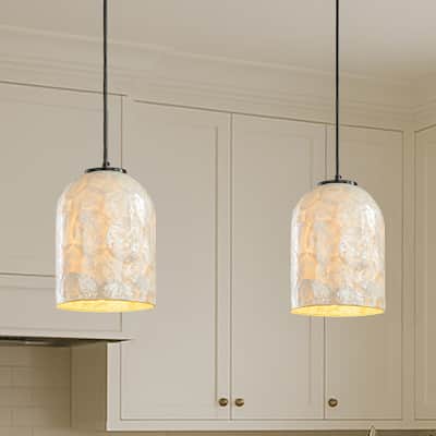 1-Light 7'' Modern Farmhouse Natural Capiz Seashell Single Pendant Light Coastal Cylinder Hanging Light For Kitchen - W7''