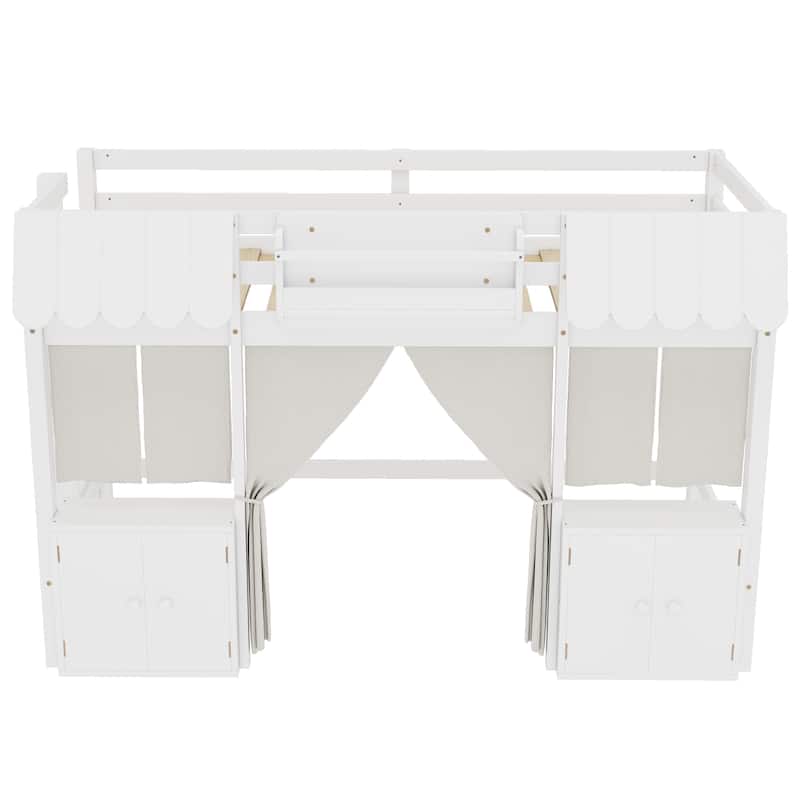 Fairy Tale Cottage Loft Bed with Tent, Bookshelf and Storage Cabinets