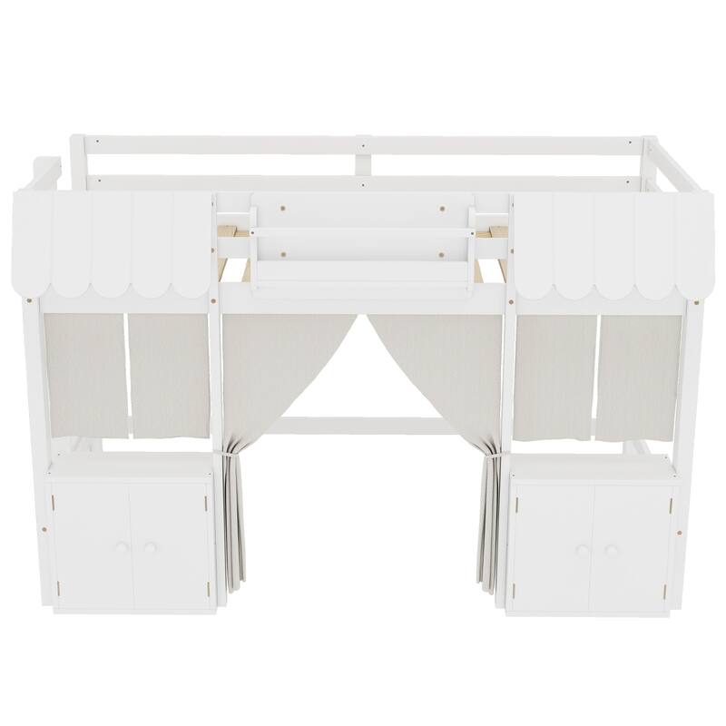 Twin Loft Bed with Built-in Bookshelf, Curtain, and Storage Shelf Amusement Park-Inspired Playful, White