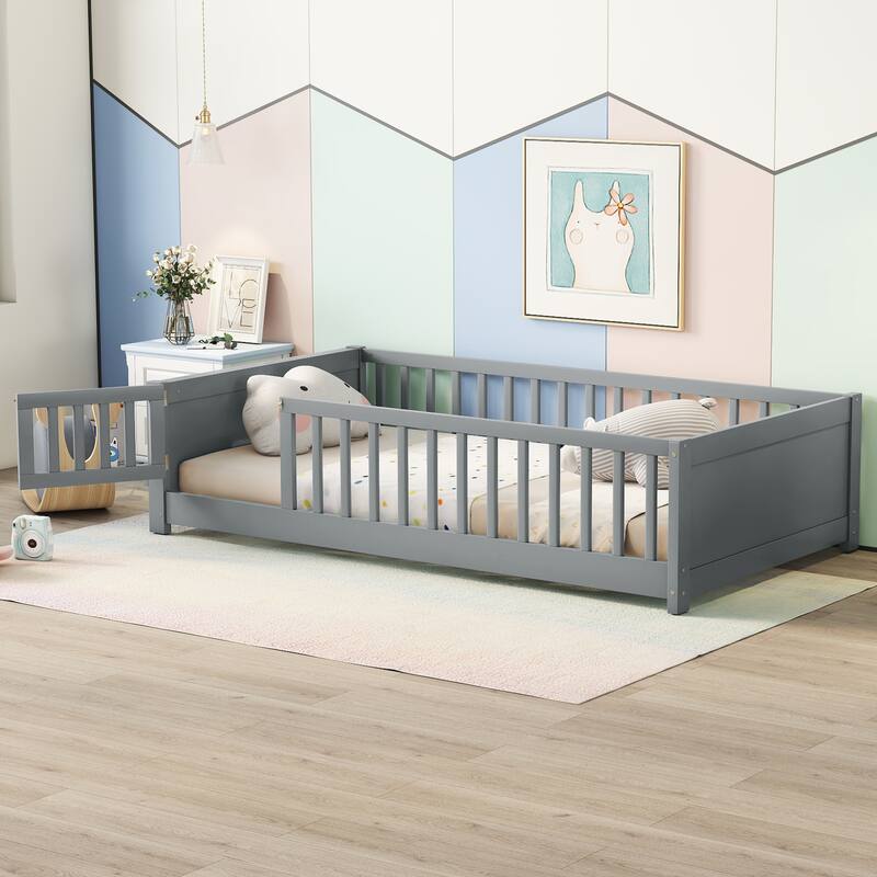 Grey Twin Size Pine Wood Floor Platform Bed with Storage Rack