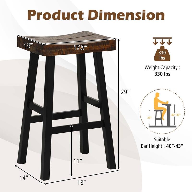 Costway 24" Bar Stool Set of 2 Counter Height Solid Wood Curved Saddle