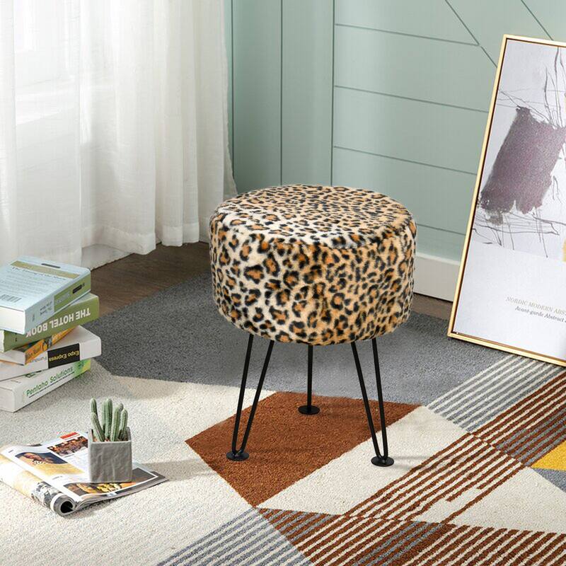 Home Soft Things Animal Pattern Ottoman Bench with Black Metal Legs - 13"x13"x17" - Brown