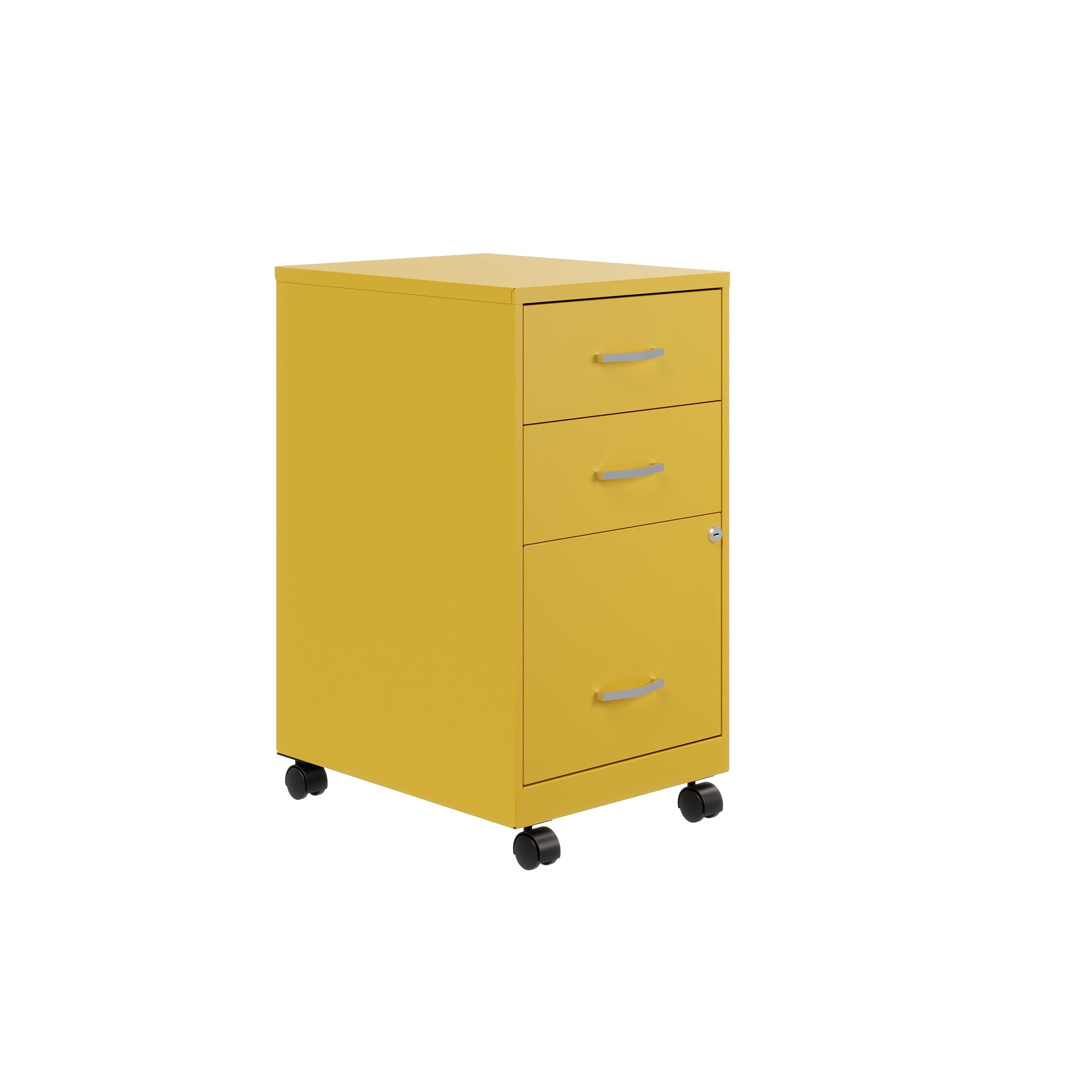 A yellow mobile filing cabinet with four drawers and wheels