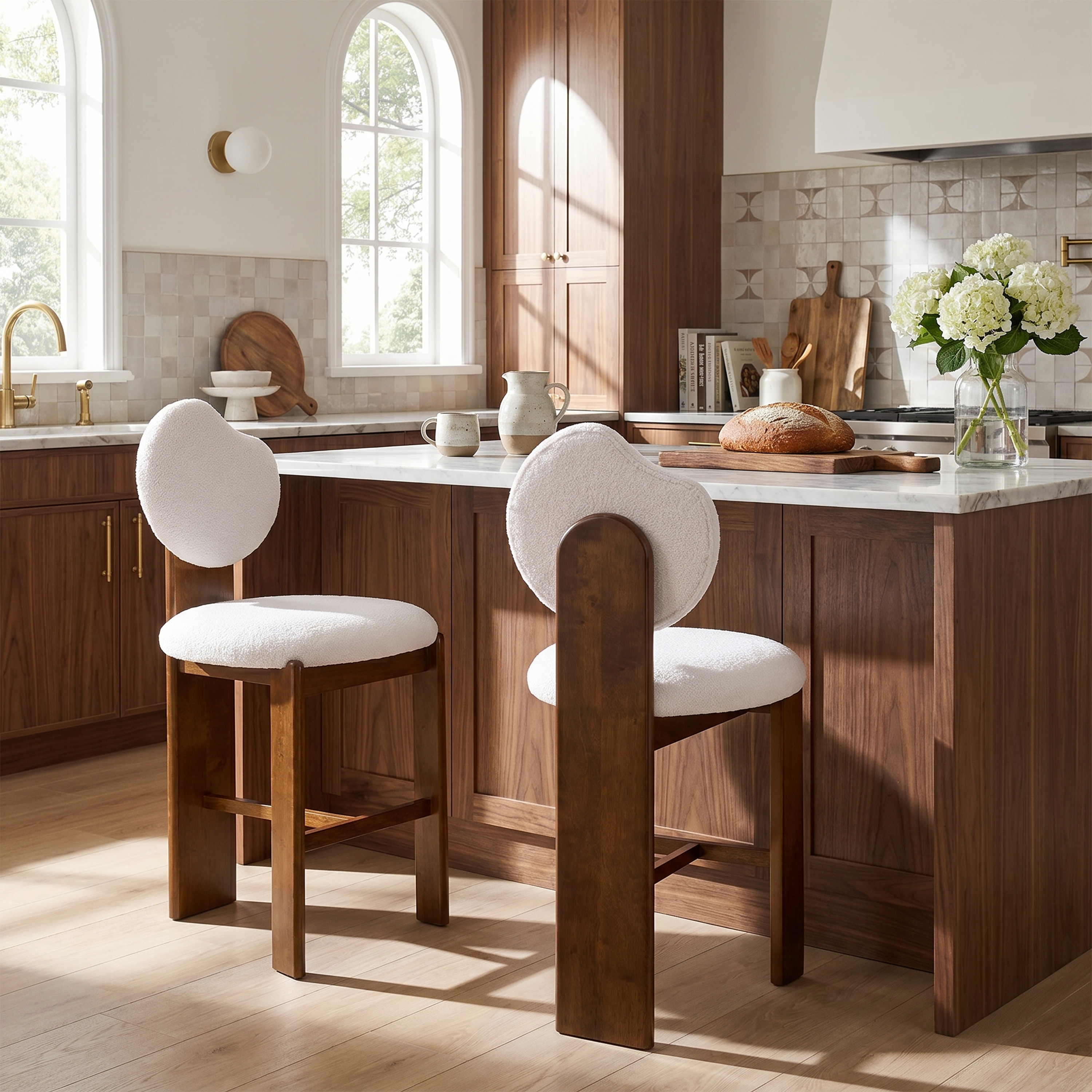 Christopher Knight Home - Kala Set of 2 Mid-Century Counter Stools with Boucle Upholstered Seat, Wood Frame & Curved Backrest