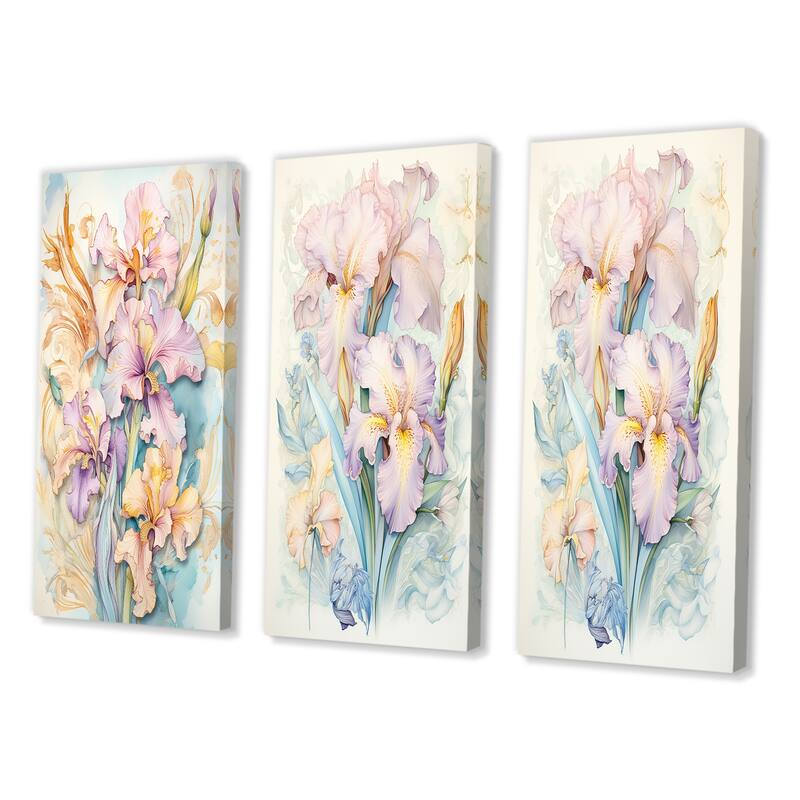 Designart "Purple Iris Flower In Vintage Pastel Tones V" Irises Wall Art Traditional Printed Art Set Of 3 For Bedroom