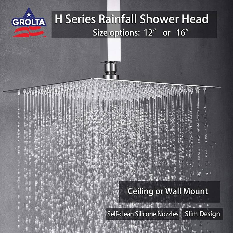 16" Ceiling Mount Rainfall 3 Way Thermostatic Faucet Shower System with 6 Body Jets