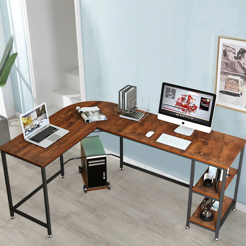 L-Shaped Black Corner 66 Inch Computer Table with Shelf