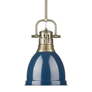 Yep by Golden Lighting Duncan 1-light 9in Rod Hung Pendant in Aged Brass and Navy Blue shade