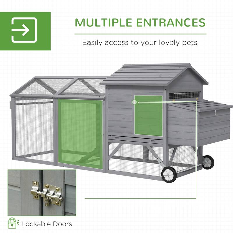 Grey Fir Wood Chicken Coop with Outdoor Run, Nesting Box and Wheels