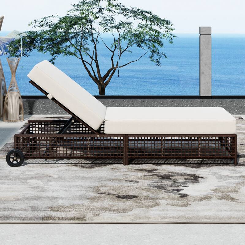 Outdoor Lounge Chair Set of 2, Patio Chaise Lounge with 5-Position Backrest, Rattan Outdoor Lounge Chair with Cushion and Wheels
