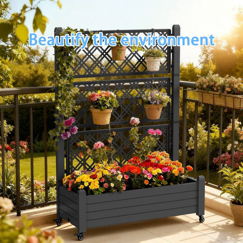 Raised Garden Bed with Trellis for Climbing Plants,Outdoor with Drainage Plug and Gauge DustProof Resin for Garden Backyard