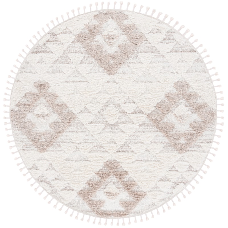 SAFAVIEH Moroccan Tassel Shag Kobi 2-inch Thick Rug - 6'7" Round - Ivory/Beige - Round