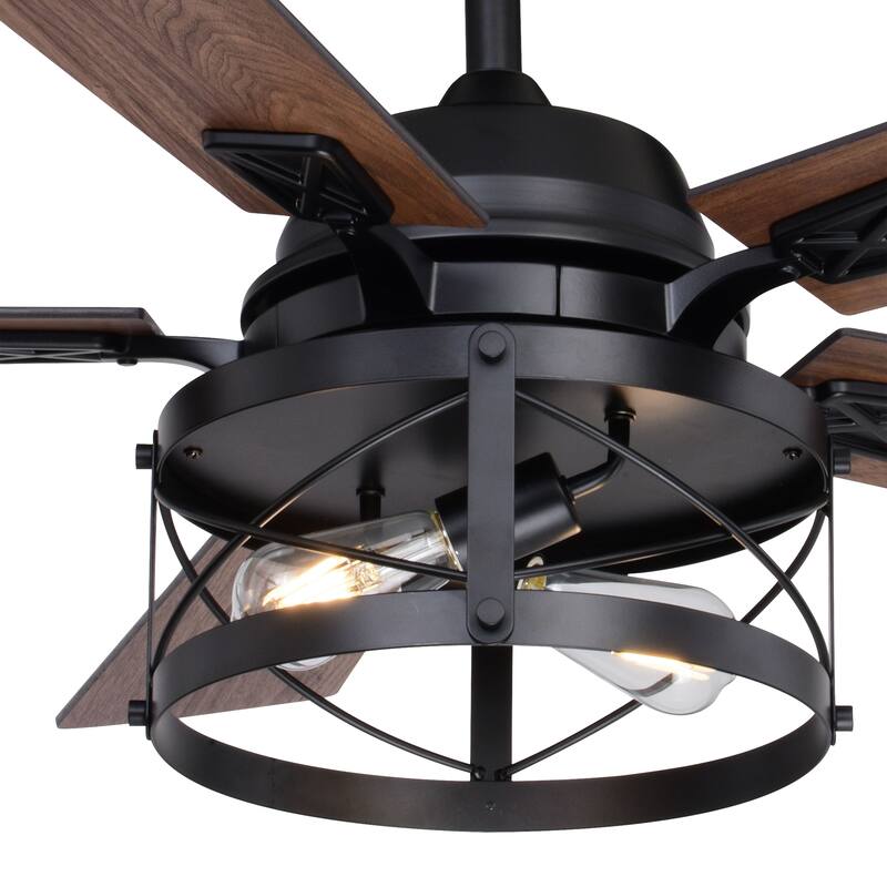 Elburn Black Farmhouse Ceiling Fan with Caged Drum LED Light Kit and Remote - 52-in W x 18.75-in H x 52-in D