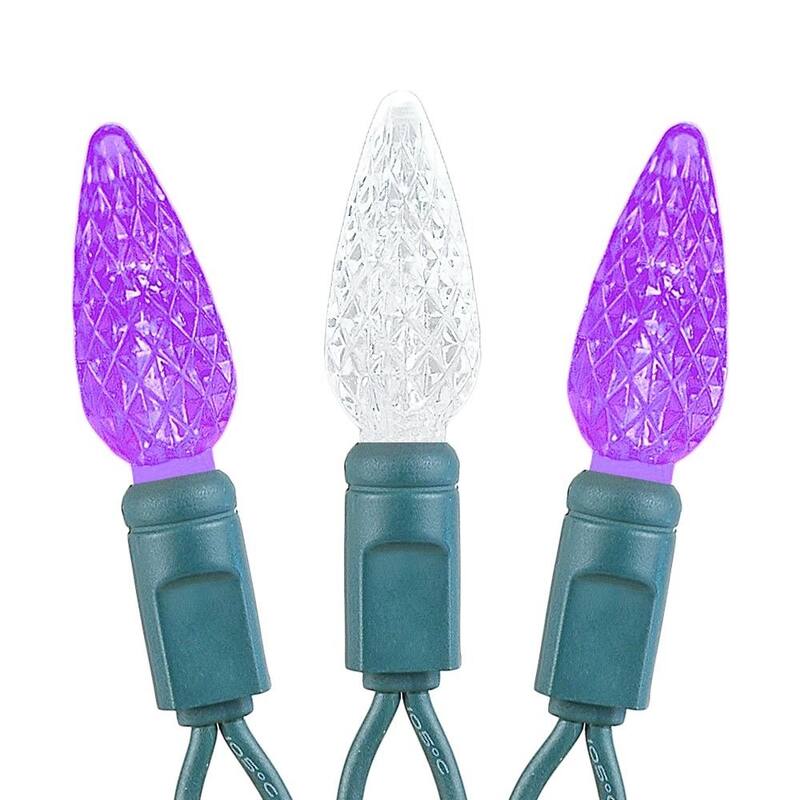 70 Light C6 LED Christmas Mini Light Set, Purple/Pure White, Green Wire, 24 Feet - Large