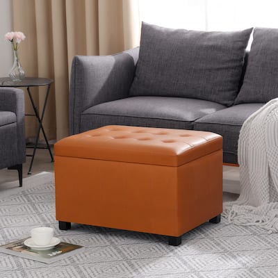 Adeco 24'' Faux Leather Storage Ottoman Bench with Tufted Top