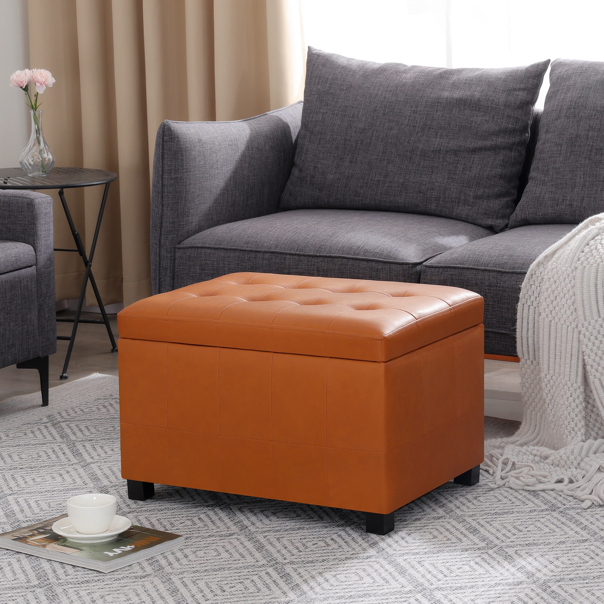 Adeco 24'' Faux Leather Storage Ottoman Bench with Tufted Top