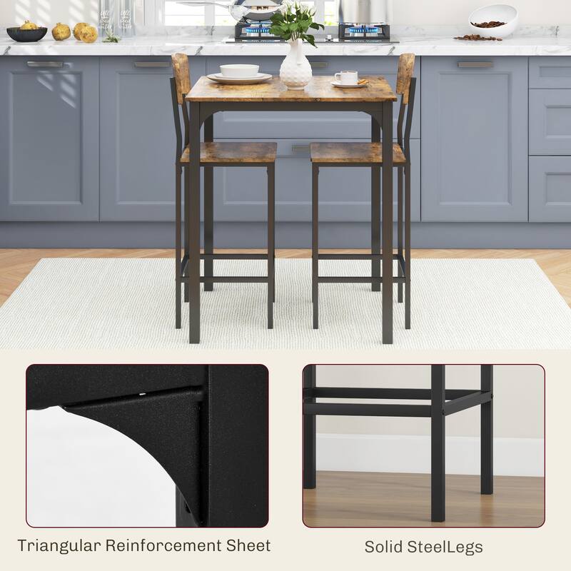 3 Piece Counter Height Bar Table and Chairs Set Industrial Small Dining Table Square Kitchen Table and Stools with Steel Frame
