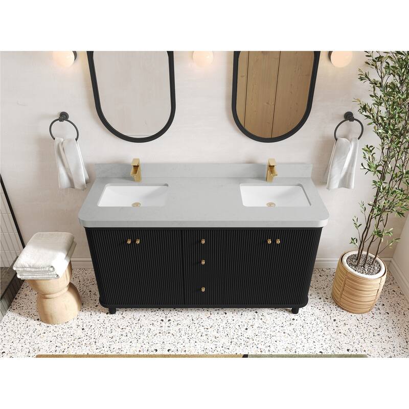 Willow Collections 60 in. W x 22 in. D Reeded Miami Double Bowl Sink Bathroom Vanity with Countertop - 2”Carrara Quartz - Black