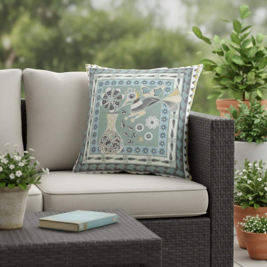 HomeRoots 16" x 16" Green and Black Peacock Blown Seam Floral Indoor Outdoor Throw Pillow - 16.00' X '5.00' X '16.00