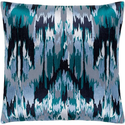 Virgil Grey & Blue Embroidered Ikat Throw Pillow Cover (22" x 22")
