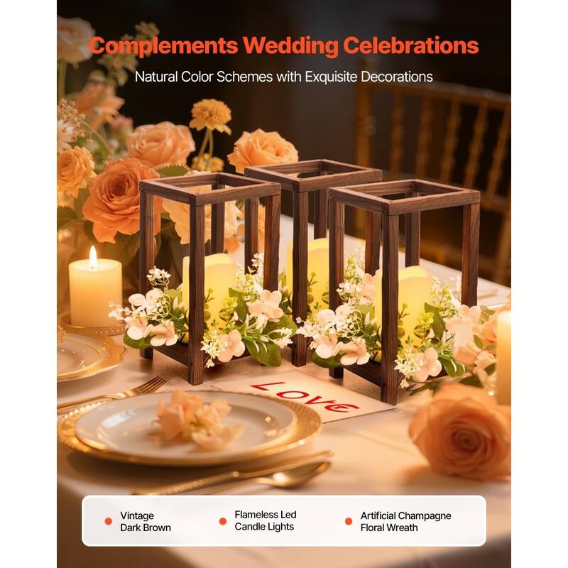 Wooden Wedding Lantern Set with LED Candles and Eucalyptus Wreath Rustic Cedar Table