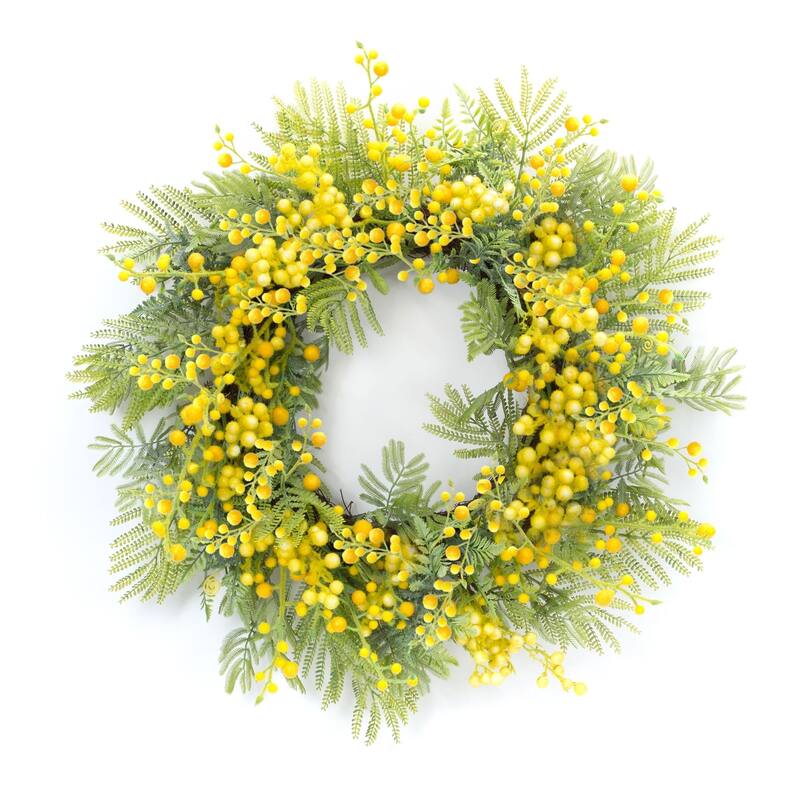 Fern and Mimosa Artificial Wreath - 27” - Unlit