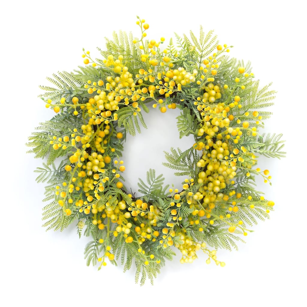Fern and Mimosa Artificial Wreath - 27” - Unlit