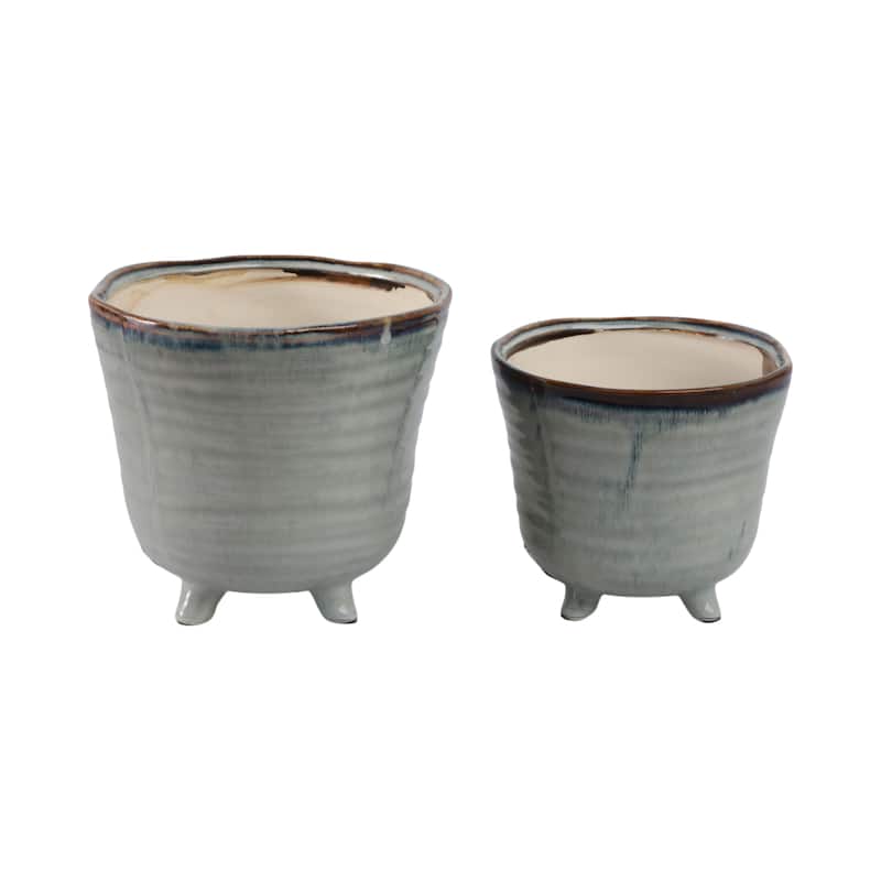 Stoneware Tripod Footed Planters Organic Rim Detail (Set of 2) - 7" x 7" x 6" - Blue - 7" x 7" x 6"