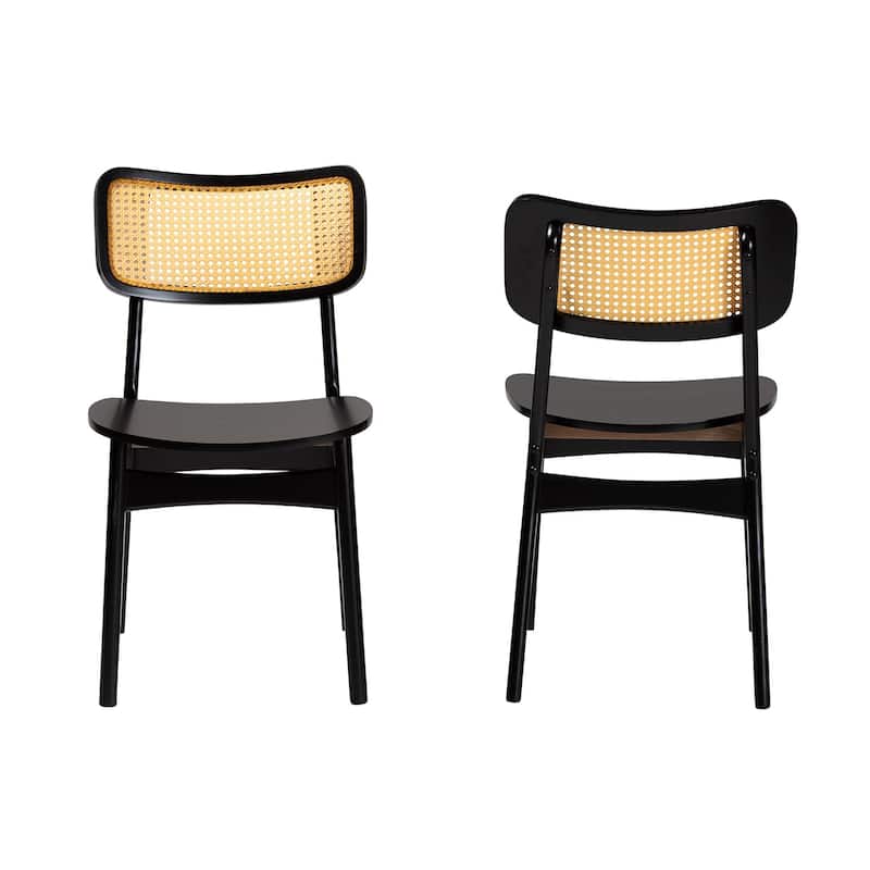 Tafari Mid-Century Modern Wood and Rattan 2-Piece Dining Chair Set