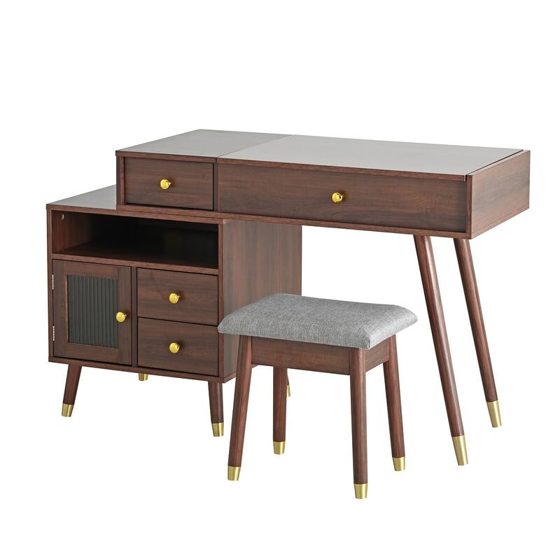 3-in-1 Vanity Desk with Lighted Flip-Top Mirror & Retractable Side Cabinet, Vanity Set with Stool & Storage Drawers