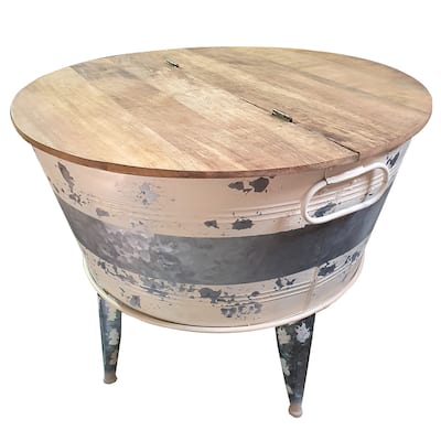 Distressed Wood and Metal Storage Coffee Table with Hinged Lift Top, Brown and Gray - 19.75 H x 26 W x 26 L Inches