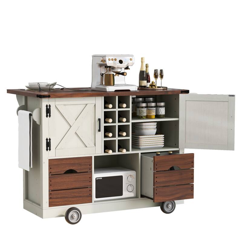 Farmhouse 54" Kitchen Island Cart with Drop Leaf Power Outlet, Rolling Kitchen Island on 4 Large Wheels with Spice Rack