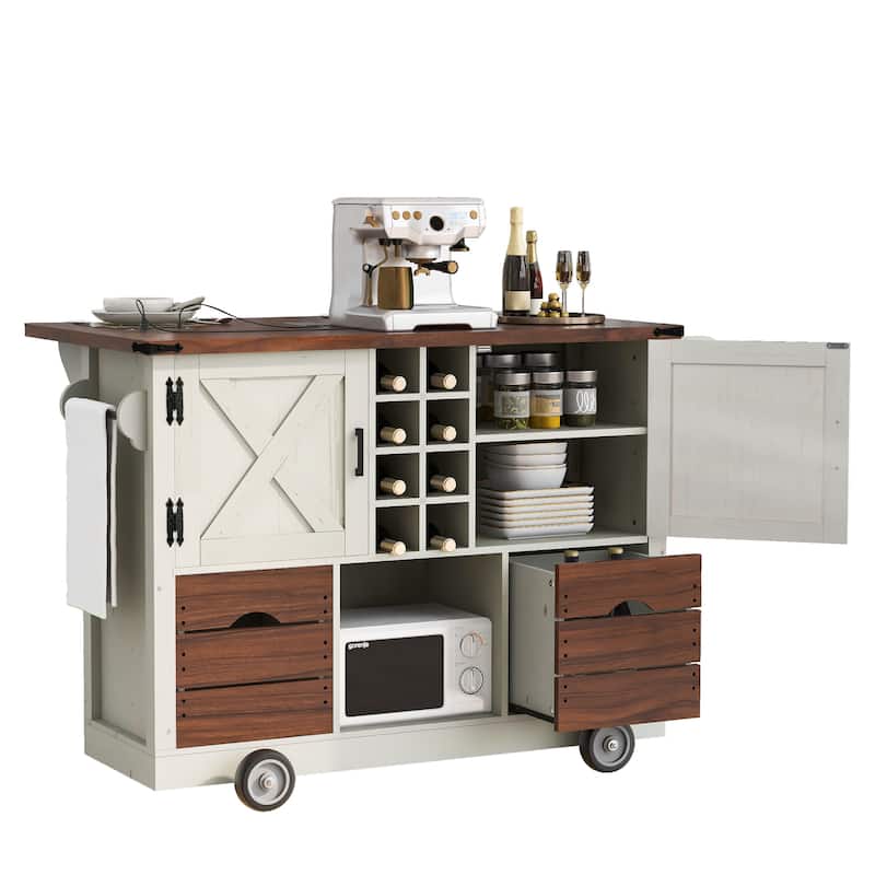 Kitchen Island with Drop Leaf, 2 Doors & 2 Drawers, Rolling Kitchen Island on 4 Wheels, Kitchen Storage Cart with Power Outlet
