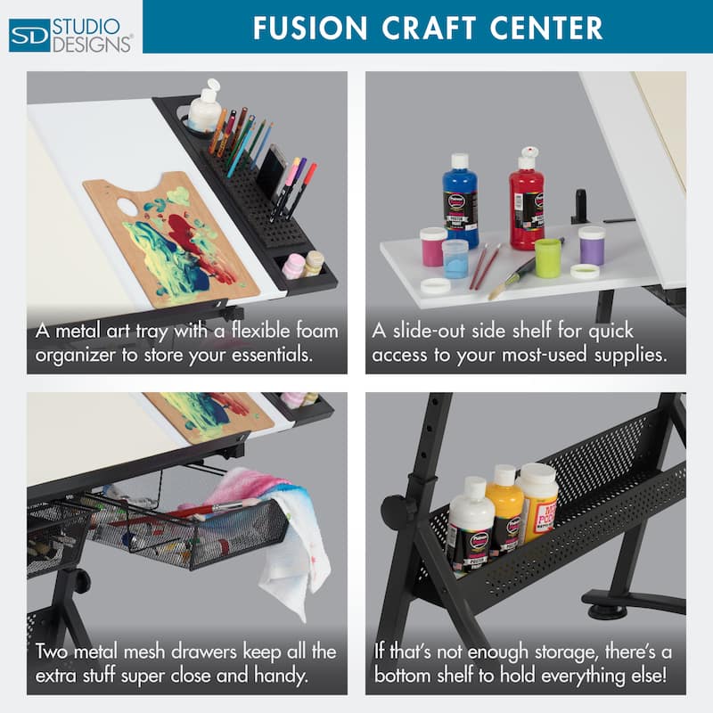 Studio Designs Fusion Craft Center Drafting Drawing Table with Adjustable Top Storage and Stool