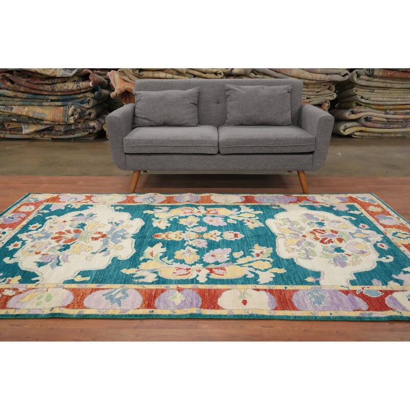 Hand Knotted Oriental 100% Wool Carpet Transitional Floral Green Oushak Area Rug - 8' 10'' X 5' 1''