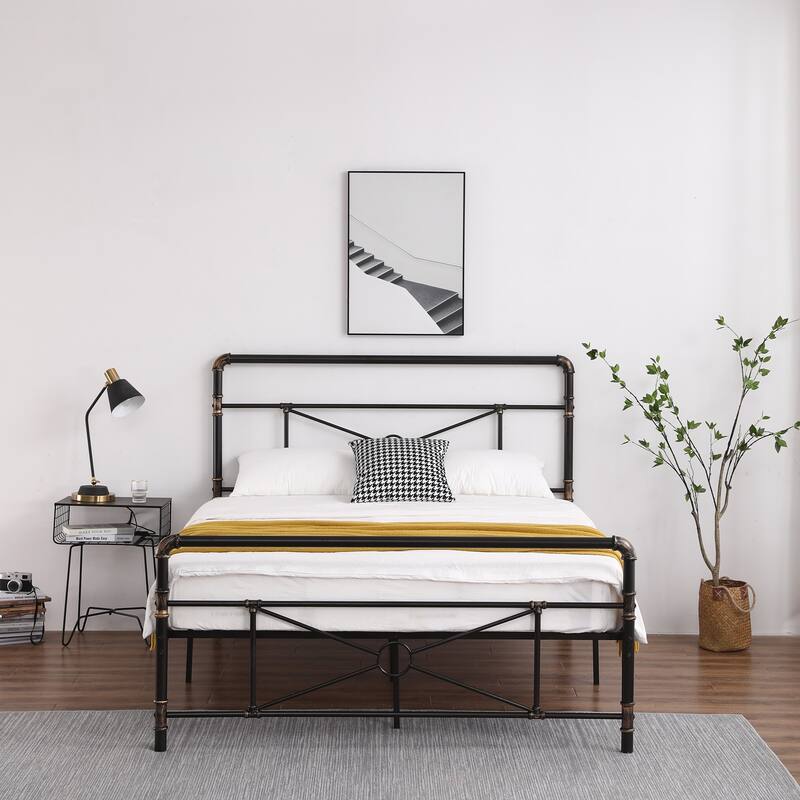 Single-layer Water Pipe Bed with Cross Design and Foot End Black Iron Bed
