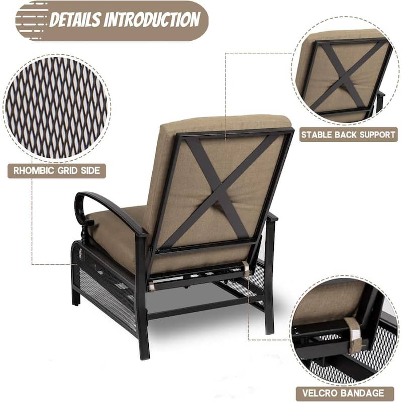 Outdoor Metal Patio Adjustable Recliner Lounge Chair & Bistro Table Set, Retractable Steel Frame and Removable Thick Cushion