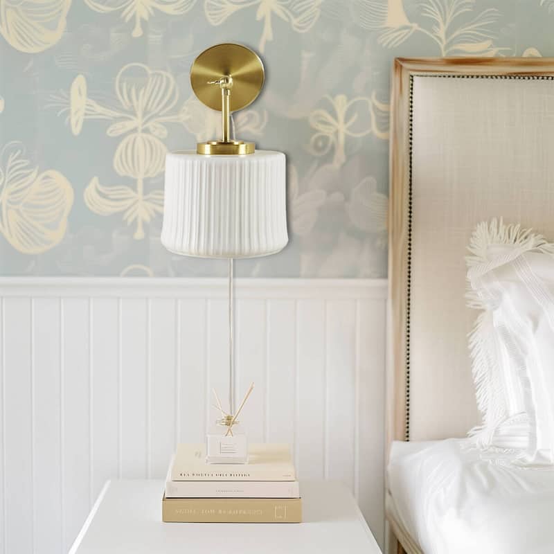 White Ceramic Wall Sconce with Adjustable Swing Arm Gold/White - Gold+White