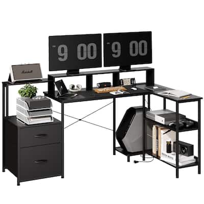 L Shaped Desk with LED Light Remote Controlled USB Type C Charging Storage Drawers Bookshelf
