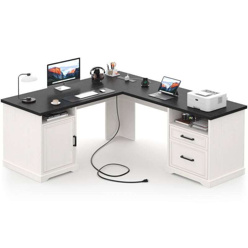 French Country L Shaped Desk with Charging Station, Office Computer Table with File Cabinet