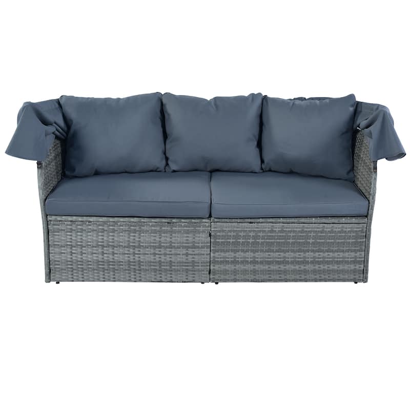 6-Pieces Outdoor Patio Rattan Round Daybed Sunbed Set with Retractable Canopy and Lift Table